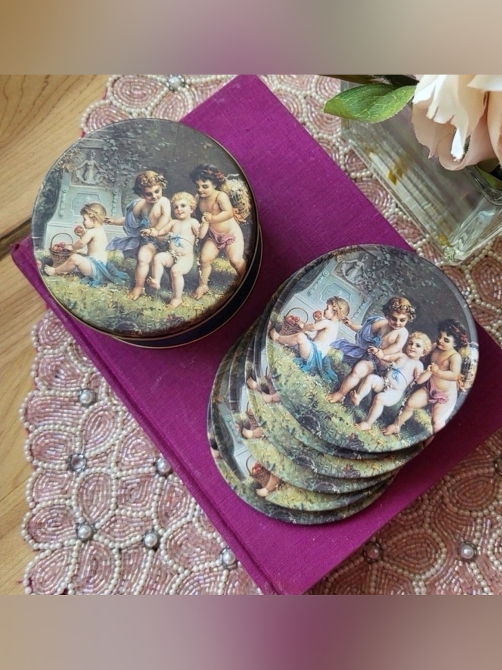 Vintage Cherub Coasters Tin Set 1995 Trippie’s Victorian Cottagecore Decor - Picture 2 of 7